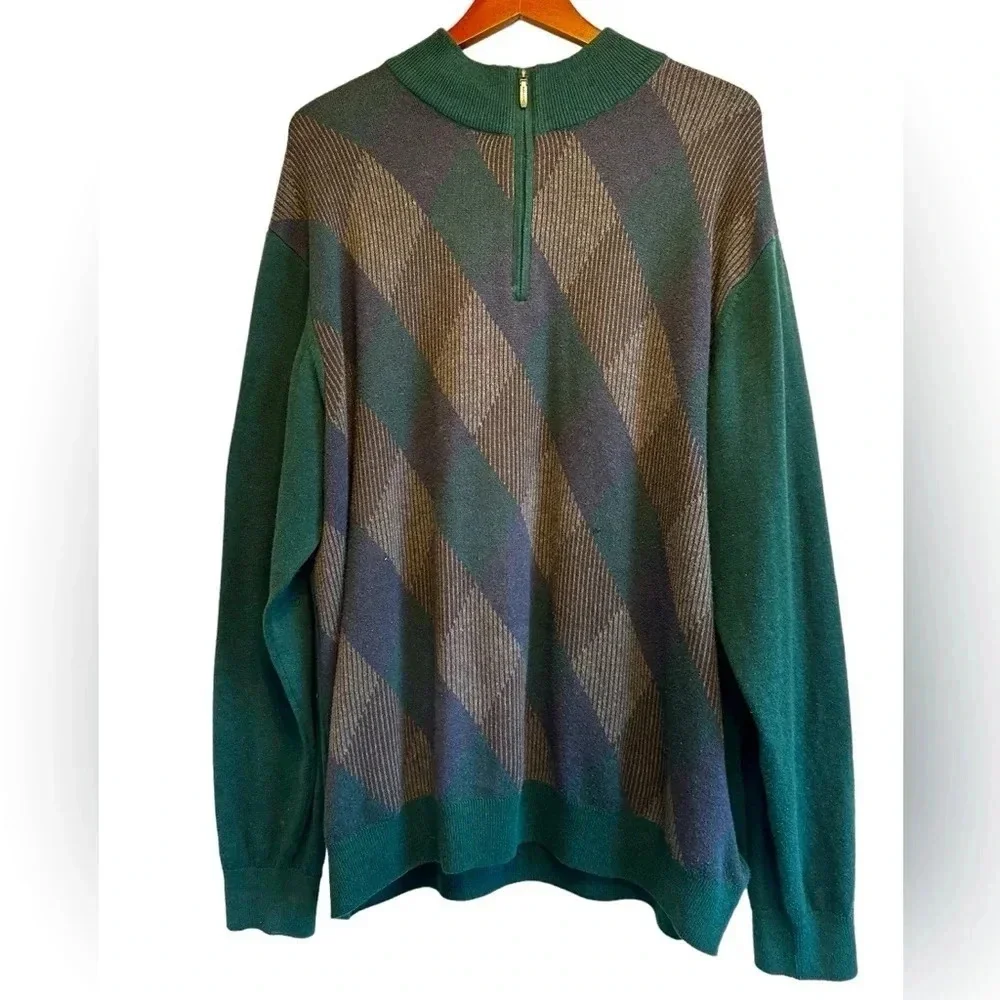 Alex Cannon Men’s Vintage Argyle Quarter zip sweater preppy academia Size XXL